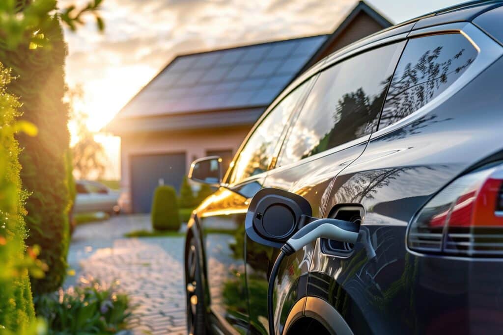 Electric Car Charging at Solar-Powered Home Sunset